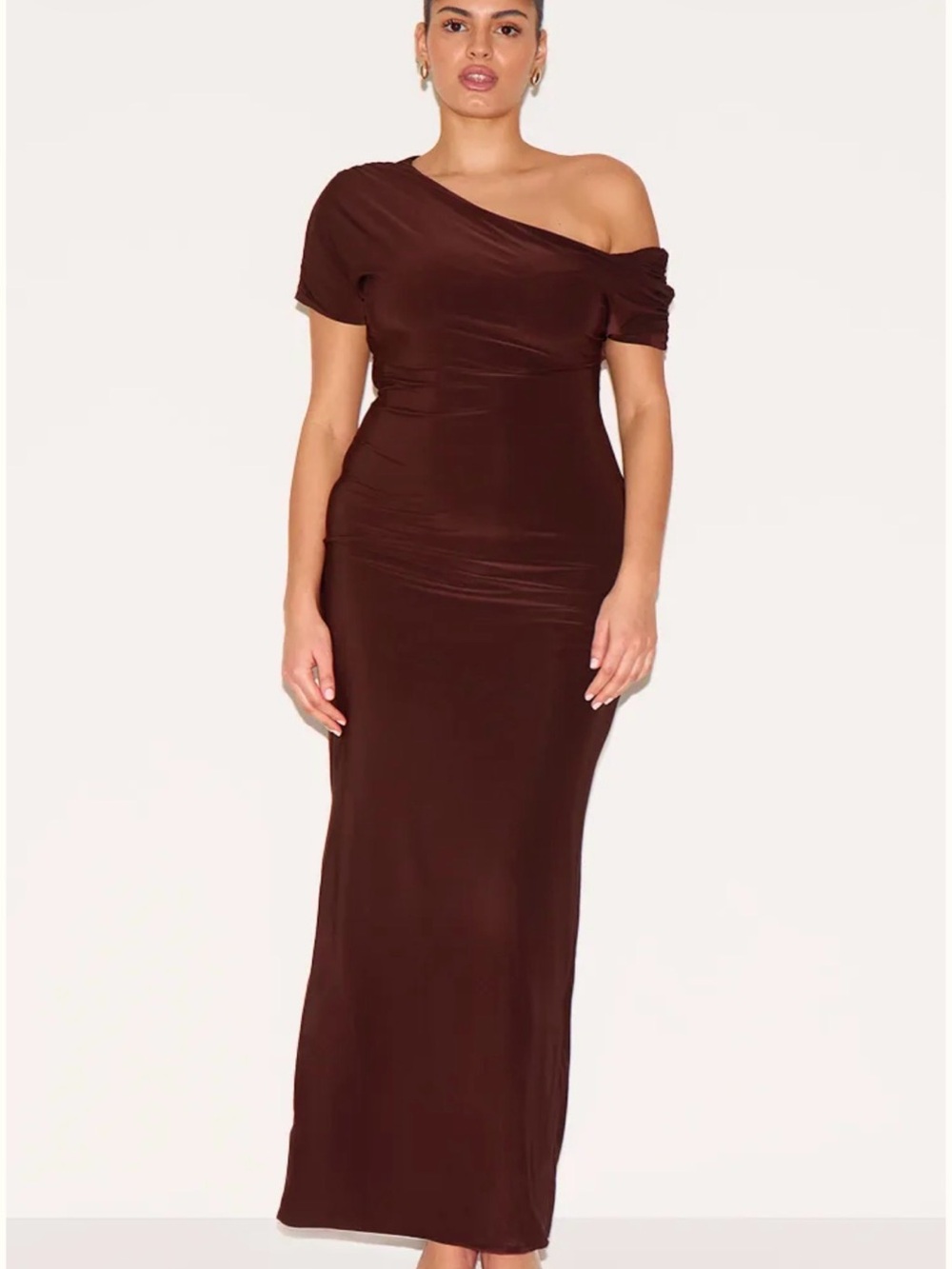 PrettyLittleThing One-Shoulder Brown Maxi Dress